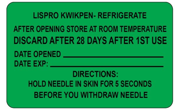 "LISPRO KWIKPEN-REFRIGERATE" Imprinted Label - Green