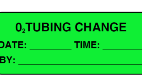 "O2 TUBING CHANGE" Imprinted Label - Fluorescent Green