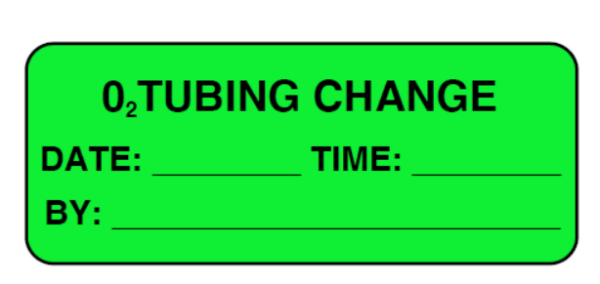 "O2 TUBING CHANGE" Imprinted Label - Fluorescent Green