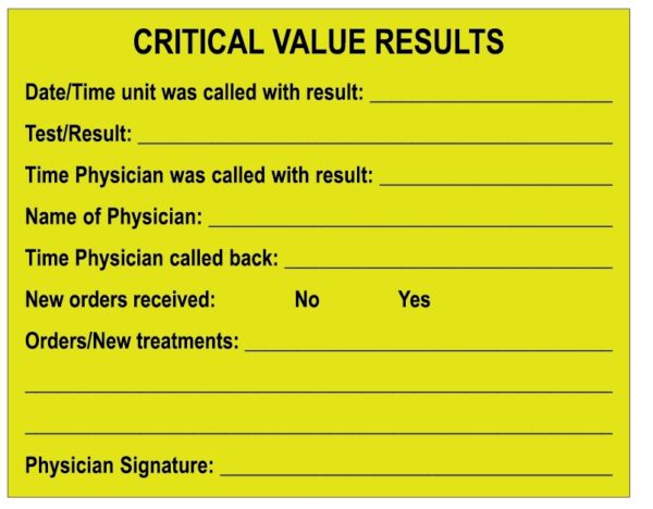"CRITICAL VALUE RESULTS" Imprinted Label - Fluorescent Yellow