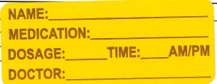 "NAME:___ MEDICATION:___ DOSAGE:___TIME:___AM/PM DOCTOR:___" Imprinted Label - Fluorescent Orange