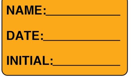 "NAME, DATE, INITIAL" Imprinted Label - Fluorescent Orange