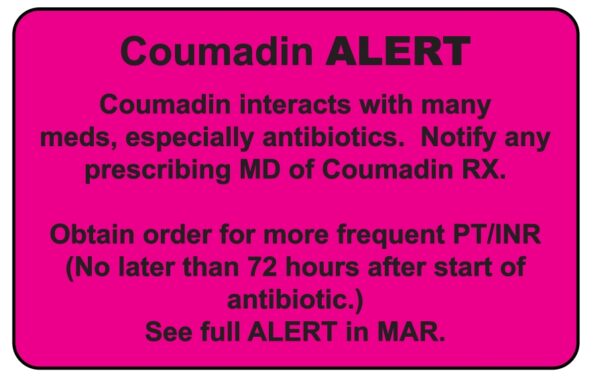 "Coumadin ALERT" Imprinted Label - Fluorescent Pink