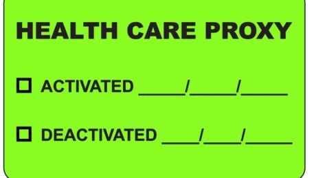 "HEALTH CARE PROXY" Imprinted Label - Fluorescent Green