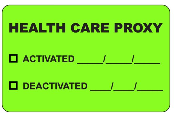 "HEALTH CARE PROXY" Imprinted Label - Fluorescent Green